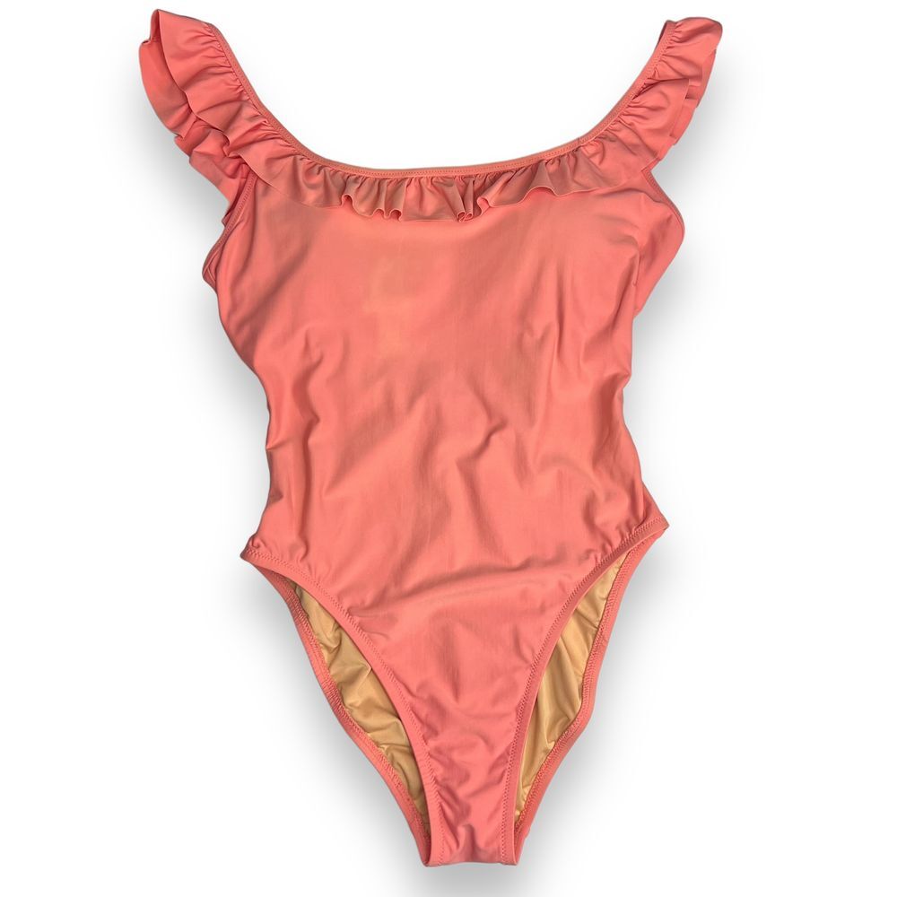 J. Crew‎ Swimsuit One Piece Ruffled Straps Scoop Neck Neon Flamingo Size 8